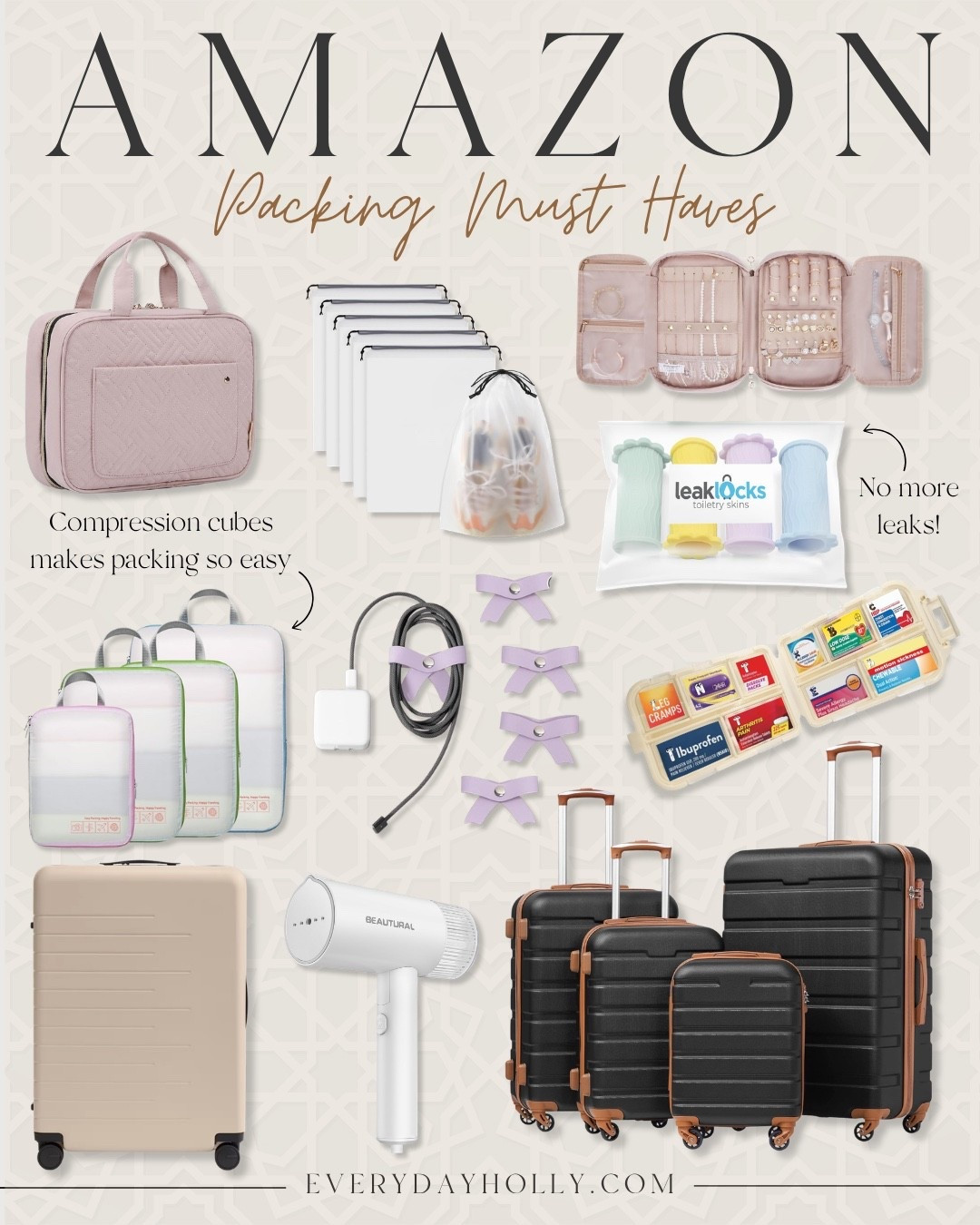 Packing made easy! ✈️ From compression cubes that keep your clothes wrinkle-free, to leak-proof toiletry covers, and a chic jewelry organizer, these Amazon must-haves keep your suitcase organized and stress-free. Don’t forget your carry-on essentials like a portable hair dryer, tech cord organizers, and the perfect lightweight luggage set for every trip. Travel smart, pack stylish!

Travel accessories, Packing cubes, Jewelry organizer, Leakproof travel kit, Carry-on essentials, Lightweight luggage, Tech organization, Amazon travel finds, EverydayHolly

#LTKTravel #LTKSeasonal #LTKOver40