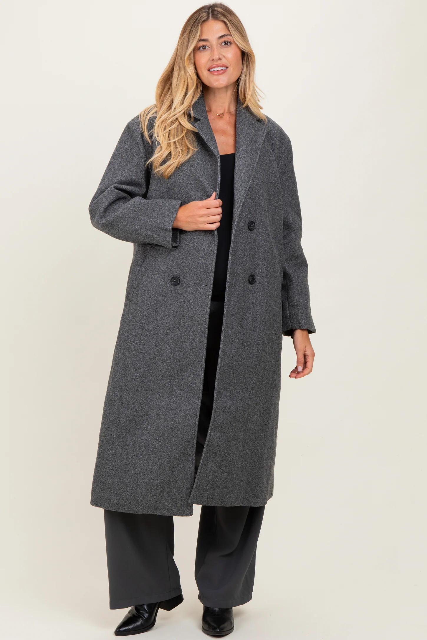 Charcoal Felted Double Breasted Lapel Duster Maternity Coat | PinkBlush Maternity
