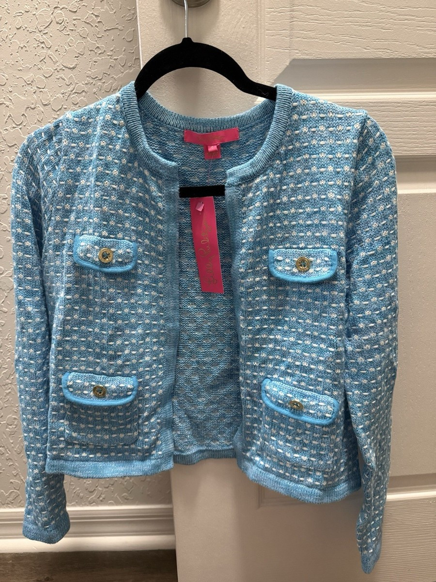 Lilly Pulitzer Kienna Cardigan Cumulus Blue Metallic Marl Open Front Sz S | eBay US