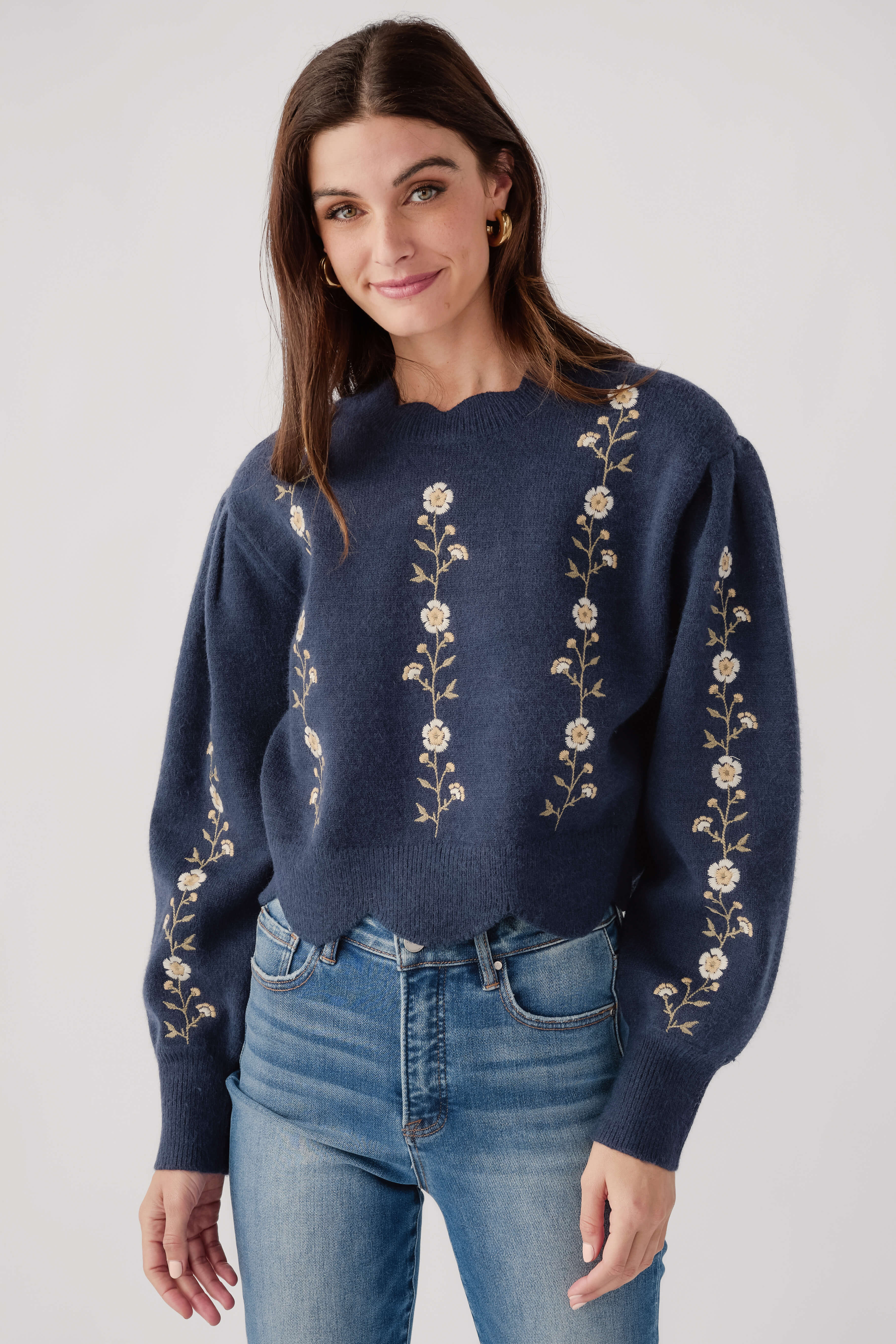 Mable Embroidered Scalloped Hem Sweater | Social Threads
