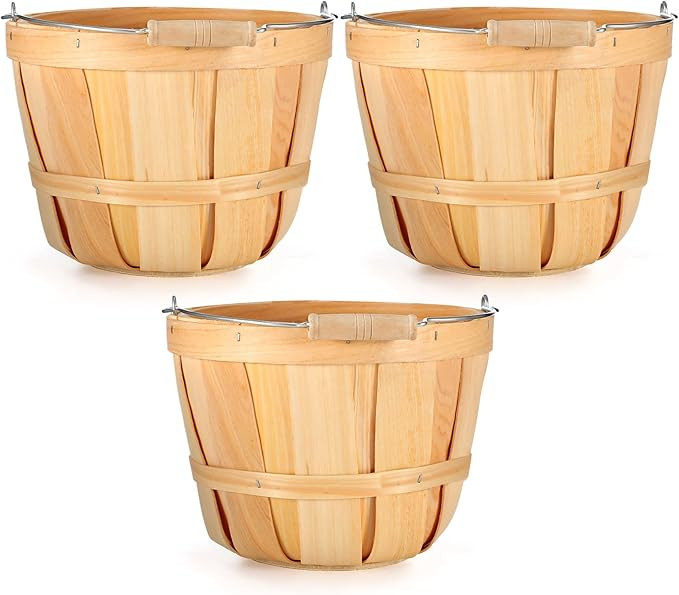 Eaasty 3 Pack Round Wooden Bushel Baskets Wood Fruit Buckets with Handle for Vegetable Snack Fall... | Amazon (US)