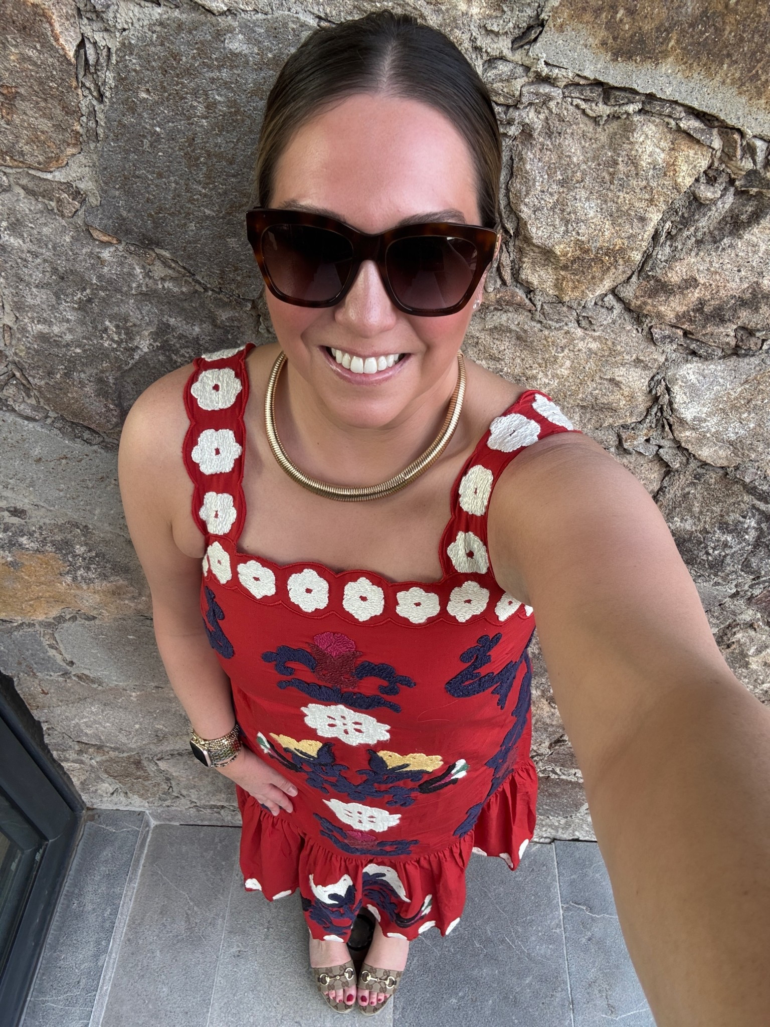 We went out to a gorgeous rooftop dinner last night to watch the sunset over the city. This dress is older but I love the colors and embroidery. I paired it with a simple necklace and fun platform sandals that were maybe a bit of a risk for cobblestones!

#LTKTravel #LTKootd #LTKMidsize