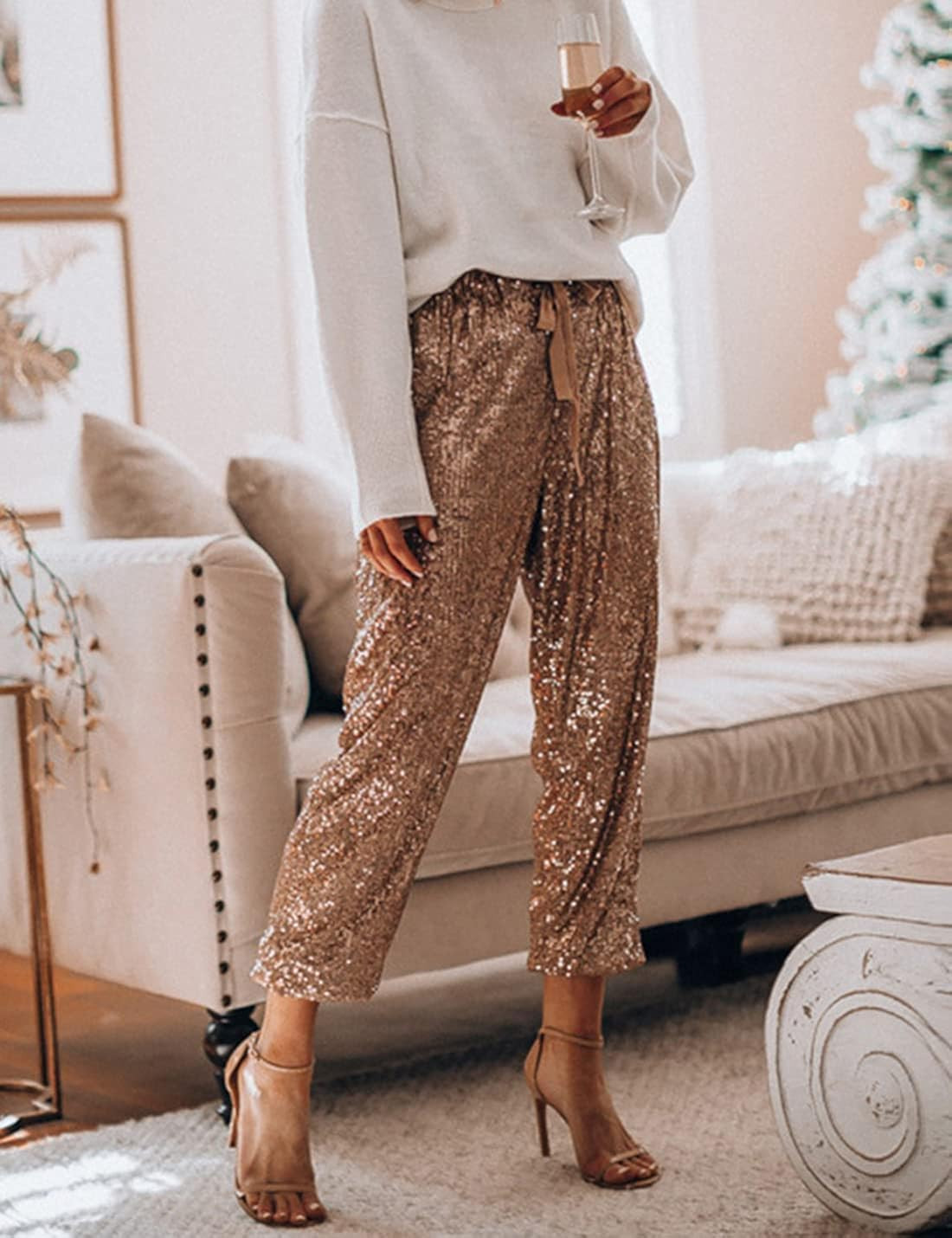 AMEBELLE Women's Sequin Pants Casual High Waist Closed Bottom Glitter Party Club Trousers | Amazon (US)