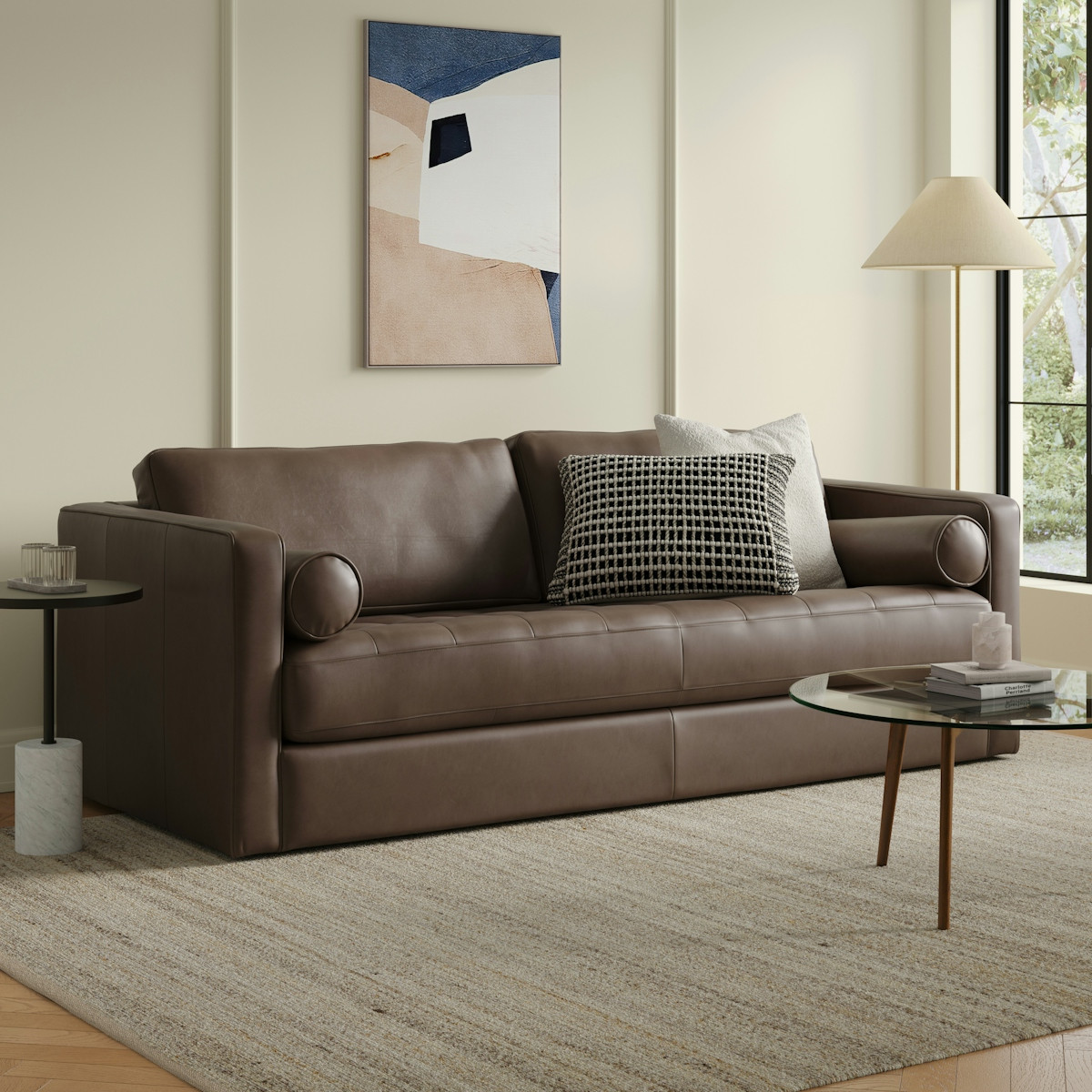 Sven 88" Grounded Tufted Leather Sofa - Charme Chocolat | Article