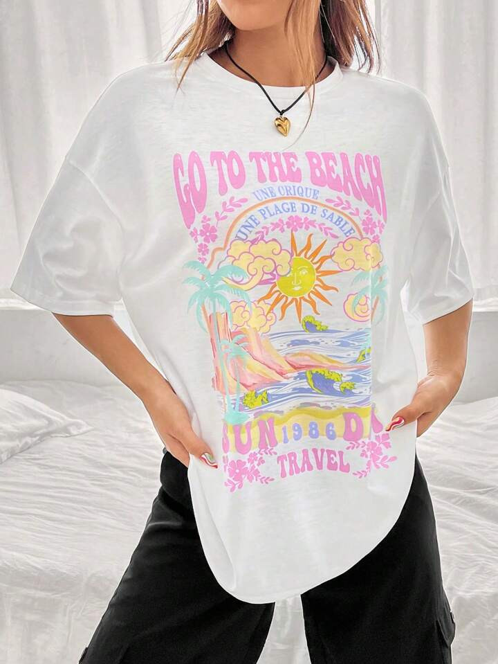 SHEIN EZwear Sun & Letter Graphic Drop Shoulder Oversized Tee | SHEIN