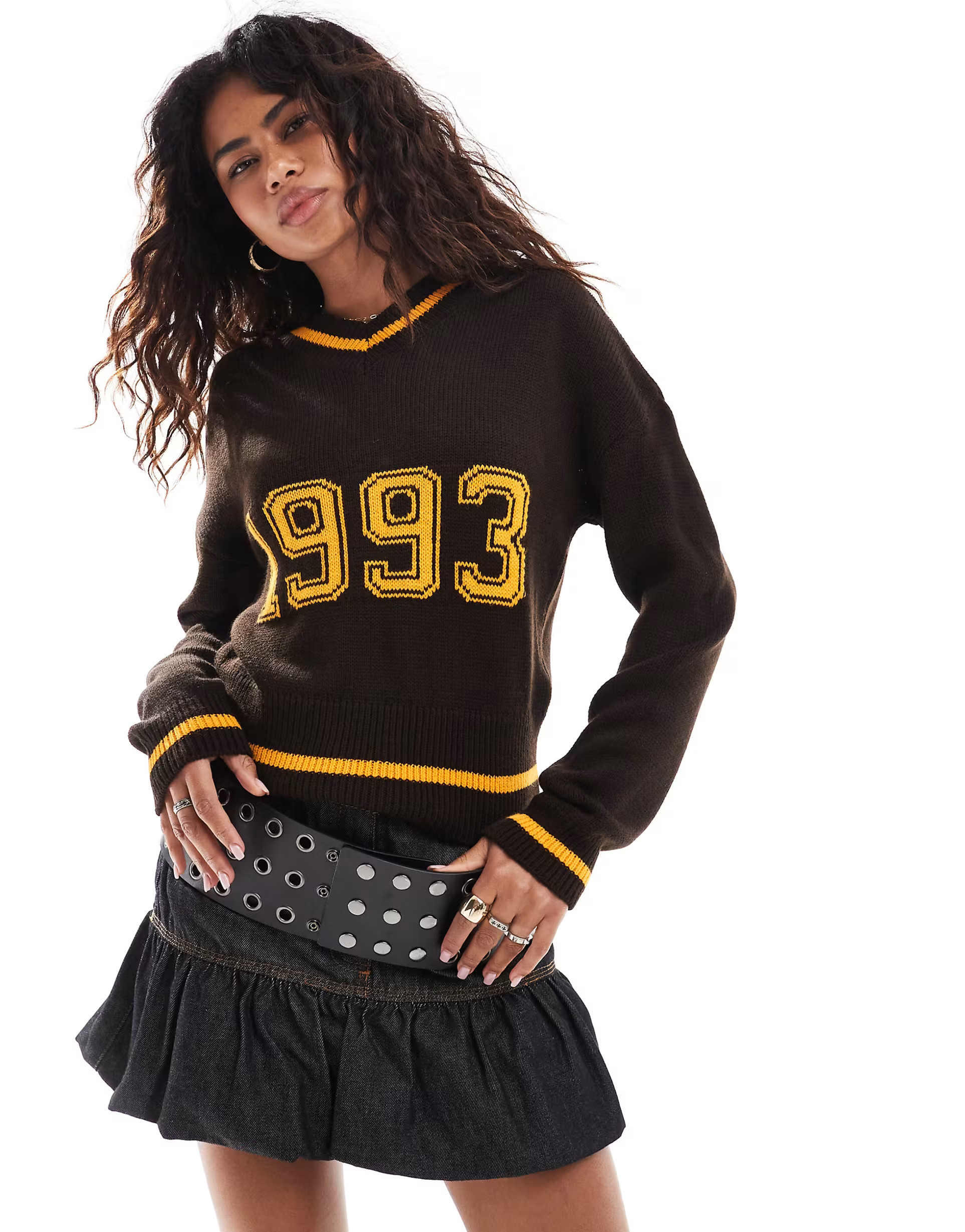 COLLUSION V-neck 1993 slogan knit sweater in brown | ASOS (Global)