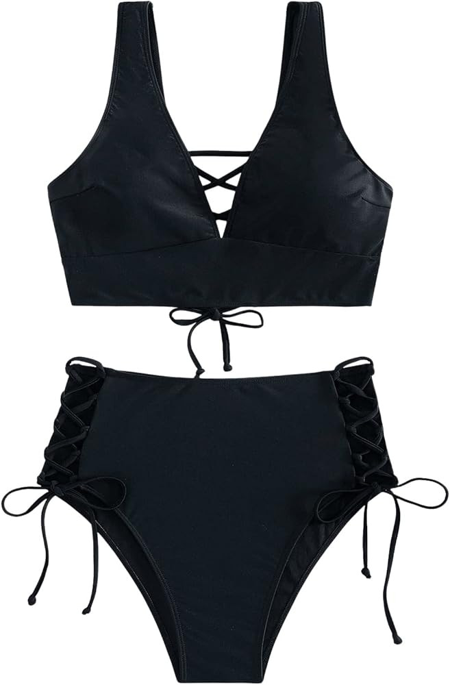 SweatyRocks Women's 2 Piece Lace Up Bikini Swimsuit Set V Neck High Waisted athing Suit | Amazon (US)