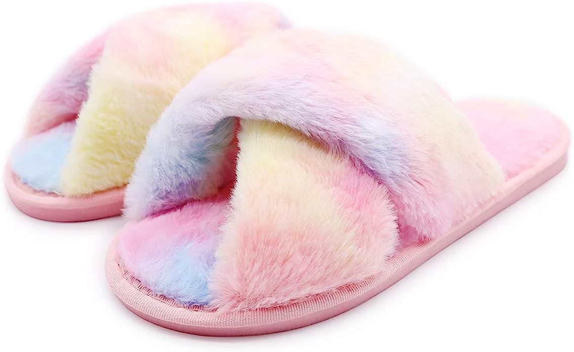 Women's Fluffy Furry Fuzzy Slippers Cross Band Soft Plush Flat Slide Memory Foam House Slippers O... | Amazon (US)