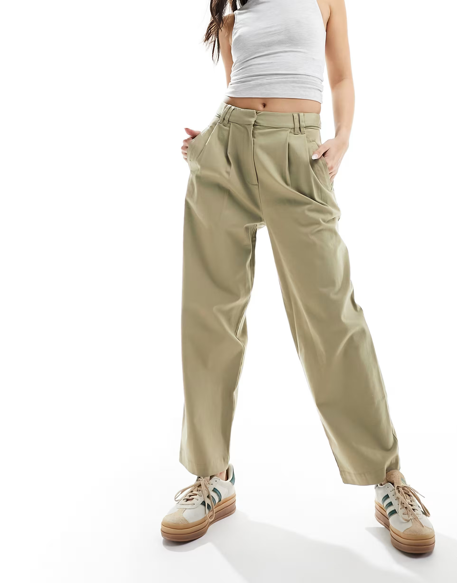 ASOS DESIGN barrel leg chino trouser with button tab detail in khaki | ASOS | ASOS (Global)