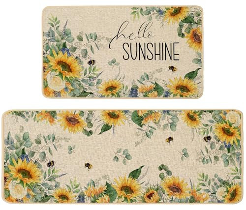 Baccessor Summer Kitchen Mats Set of 2, Sunflower Floral Bee Kitchen Rugs for Floor Non Slip Absorbent Low-Profile Seasonal Farmhouse Home Decor 17x29 and 17x47 Inch | Amazon (US)