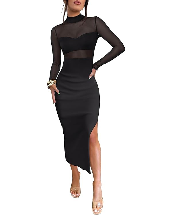 Caracilia Womens Mesh Dress Long Sleeve Mock Neck Bodycon Sheer Going Out Cocktail Night Club Mid... | Amazon (US)
