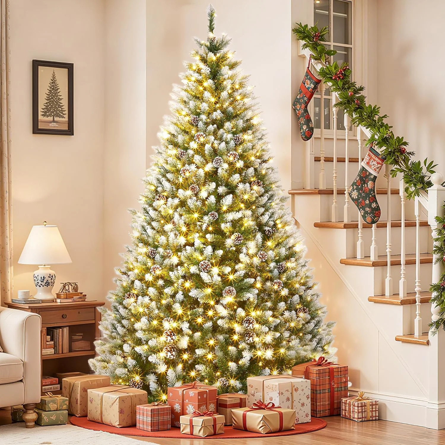 The Holiday Aisle® 9FT Pre-Lit Artificial Christmas Tree,Christmas Pine Tree with Pine Cones,900 LEDs & 1738 Tips - Hinged Stand PVC Holiday Trees Decor for Home/Office/Party | Wayfair | Wayfair North America