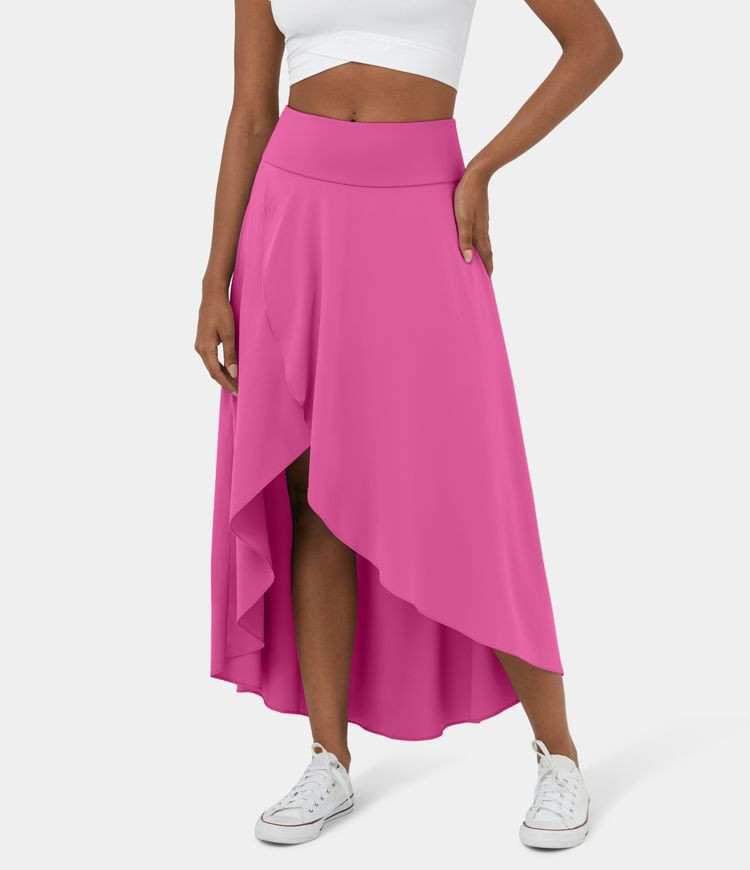 Breezeful™ High Waisted High Low Ruffle 2-in-1 Flowy Quick Dry Casual Regular Maxi Skirt | HALARA