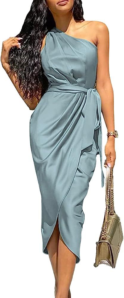 PRETTYGARDEN Women's Ruched Bodycon Dress Asymmetrical Sleeveless One Shoulder Wrap Satin Belted Coc | Amazon (US)