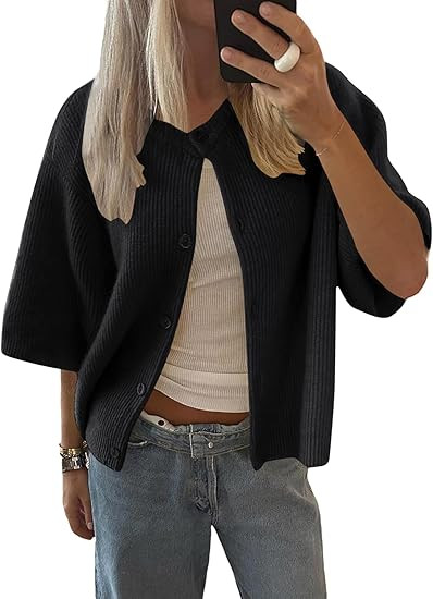 Lomon Womens Spring Summer Short Sleeve Cardigan Sweaters Trendy Crew Neck Button Down Lightweigh... | Amazon (US)