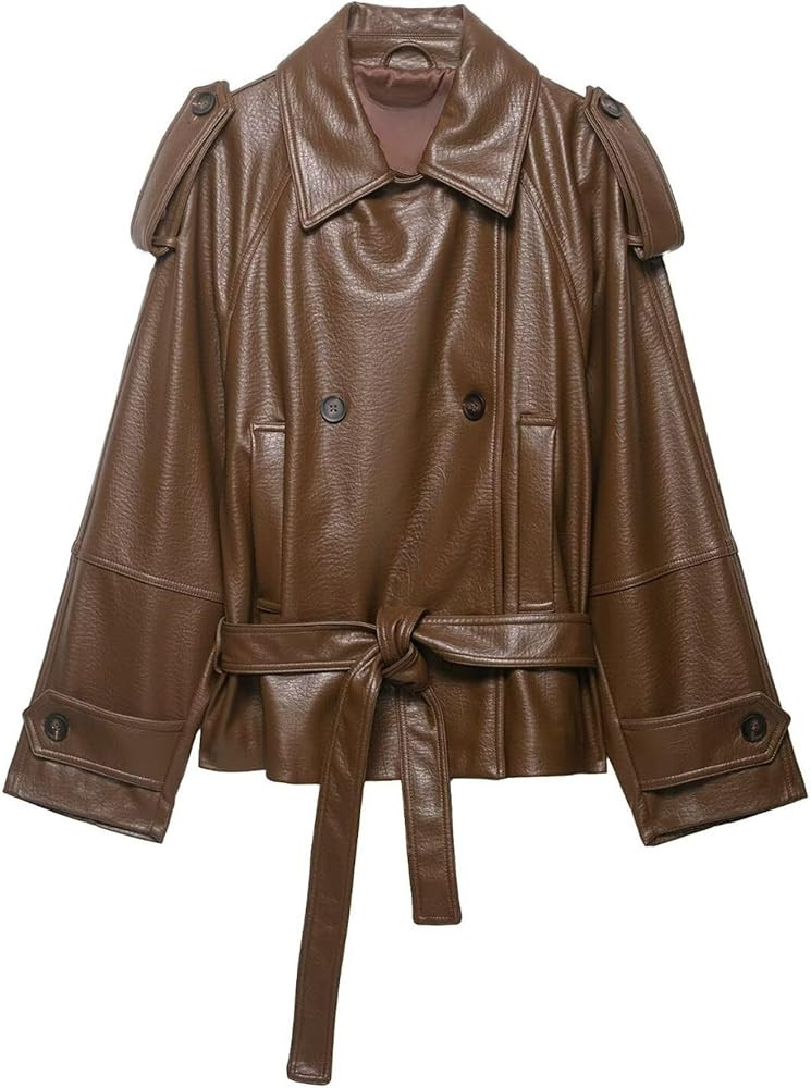 FindThy Women’s Faux Leather Short Trench Coat Vintage Lapel Collar Long Sleeve Double Breasted... | Amazon (US)
