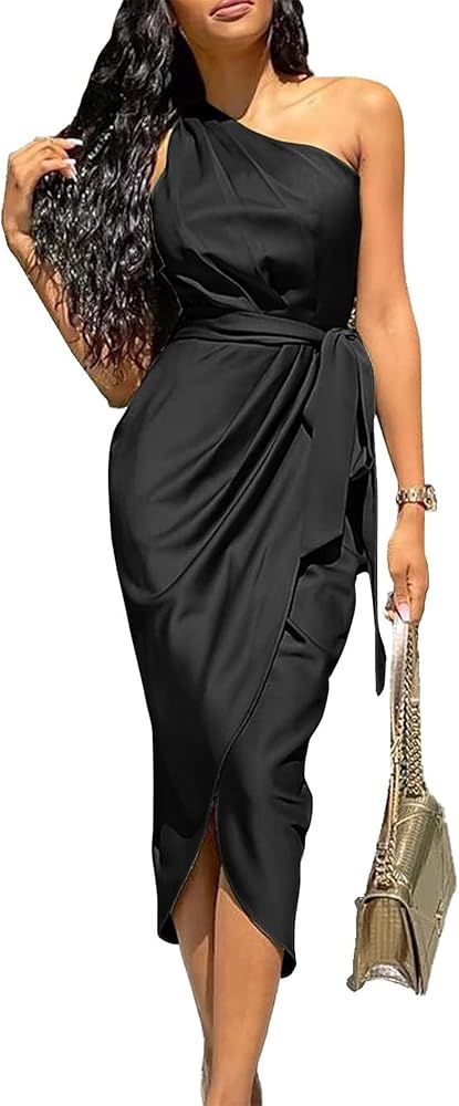 PRETTYGARDEN Women's 2024 Summer Ruched Bodycon Dress Sleeveless One Shoulder Wrap Satin Belted C... | Amazon (US)