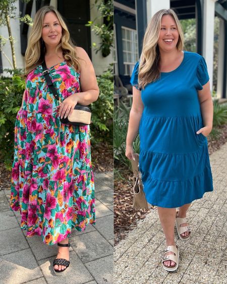 2 super cute plus size Walmart dresses! Floral dress — wearing a 1X and it runs very generous and comes in several colors. This dress can be so easily dressed up for an occasion or dressed down for a more casual situation. The black woven cross body is adorable and  
the shoes are comfortable! I’m wearing gold hoops from Walmart as well!  Blue dress — this tiered tshirt dress is so cute and I love the shape it gives me. I’m in the 2X and it runs true to size. Absolutely love these tan platform sandals and I have the brown version from last year! Super comfortable and chic.
The tote is also super chic and I think it really elevates this look!

#LTKSeasonal #LTKstyletip #LTKcurves