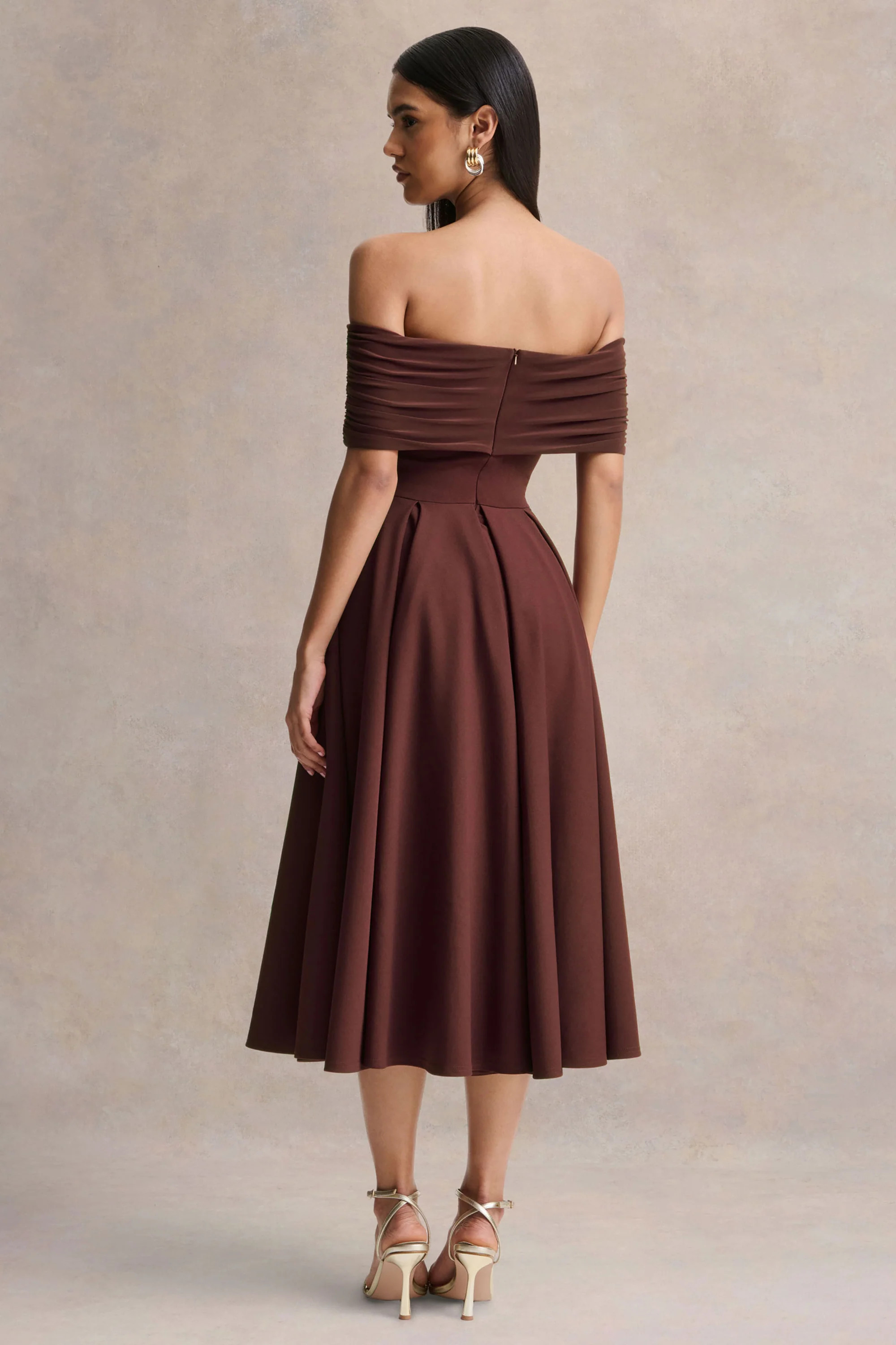 Dearest | Brown Bardot-Neck Midi Dress | Club L London