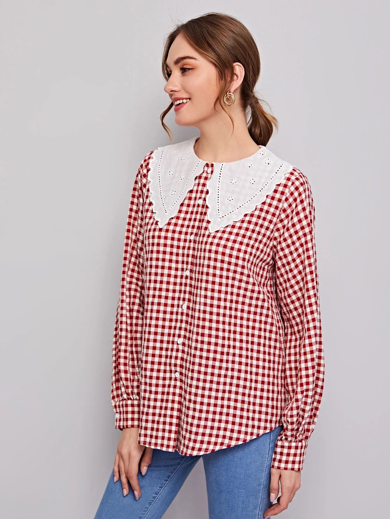 SHEIN Contrast Schiffy Peter-pan Collar Gingham Blouse | SHEIN