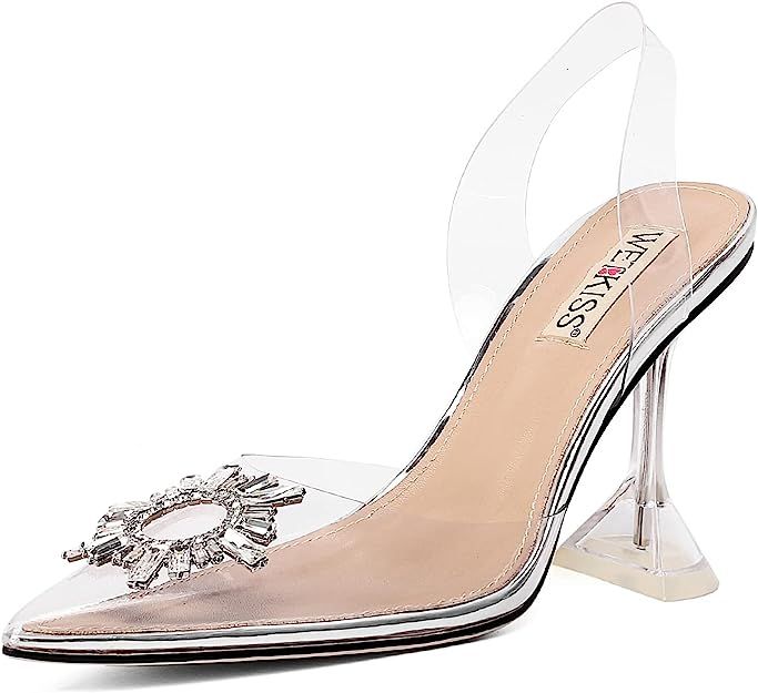 wetkiss Women's Clear Heels Shoes, Crystal Rhinestones Slingback Wedding Shoes Pointed Toe High H... | Amazon (US)