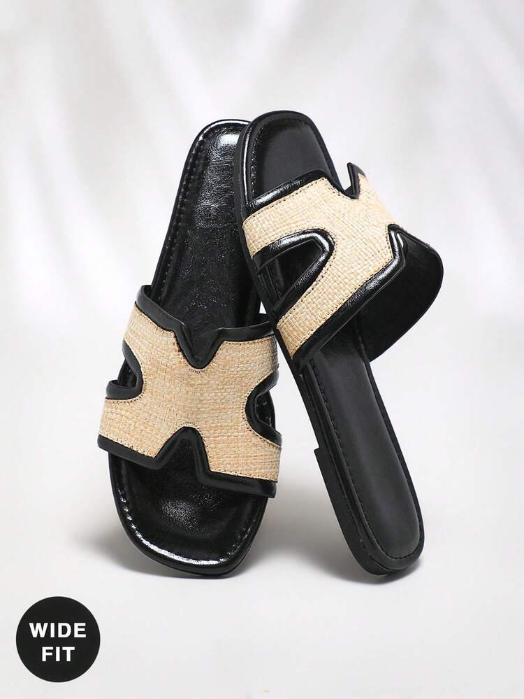 SHUZIA Women's Wide-Fit Fashion Casual Comfy Raffia Band Flat Sandals | SHEIN