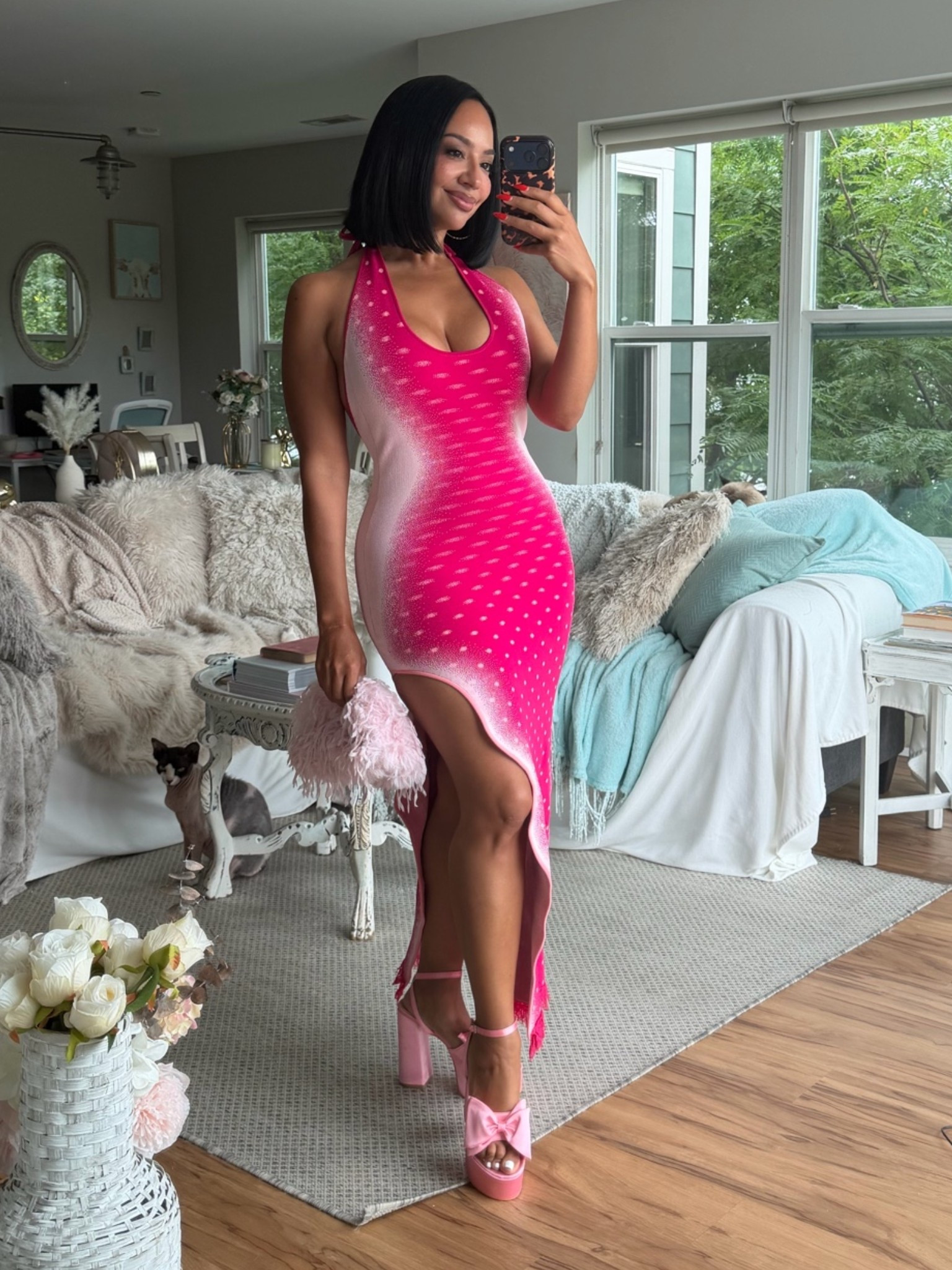 Whimsical pink date night outfit 😍 This slit midi dress has thick stretch fabric and fits true to size 

Sizing ⬇️
5’3 
Bust: 32DD
Waist: 27”
Hips: 42”
Wearing Size M

Make sure you download the ✨FREE✨ LTK app and follow me @heyrissyrozay for all my style and beauty finds 🫶🏽

over 40 outfit 
petite curvy dresses

#LTKPetite #LTKOver40 #LTKootd