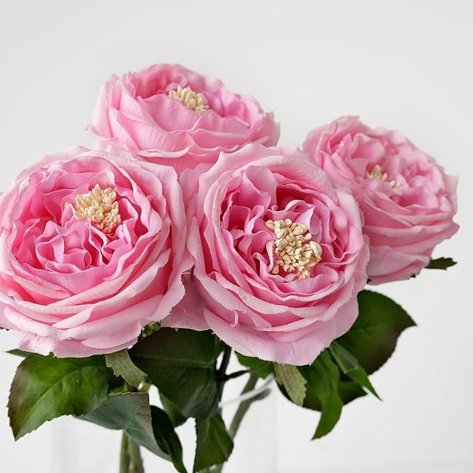 17.7" 4PCS Pink Flowers Artificial Roses 3.5" Large Austin Fake Rose Wedding Bouquet Real Touch P... | Amazon (US)