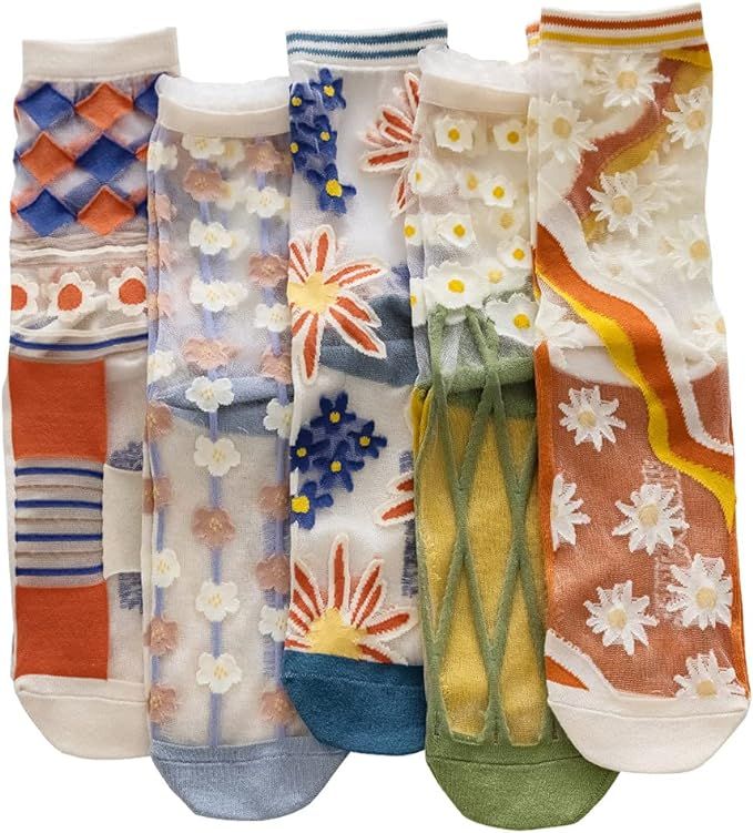 Yomutiur Womens Sheer Socks, Summer Transparent Thin Mesh Lace Elastic Jacquard Crystal Glass Soc... | Amazon (US)