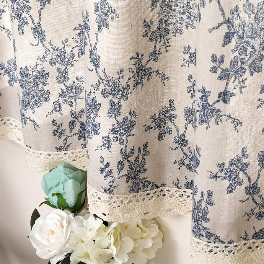 Farmhouse Cotton Linen Tier Curtain 19.6 Inch Long Elegant Floral Lace Window Valance Kitchen Bat... | Amazon (US)