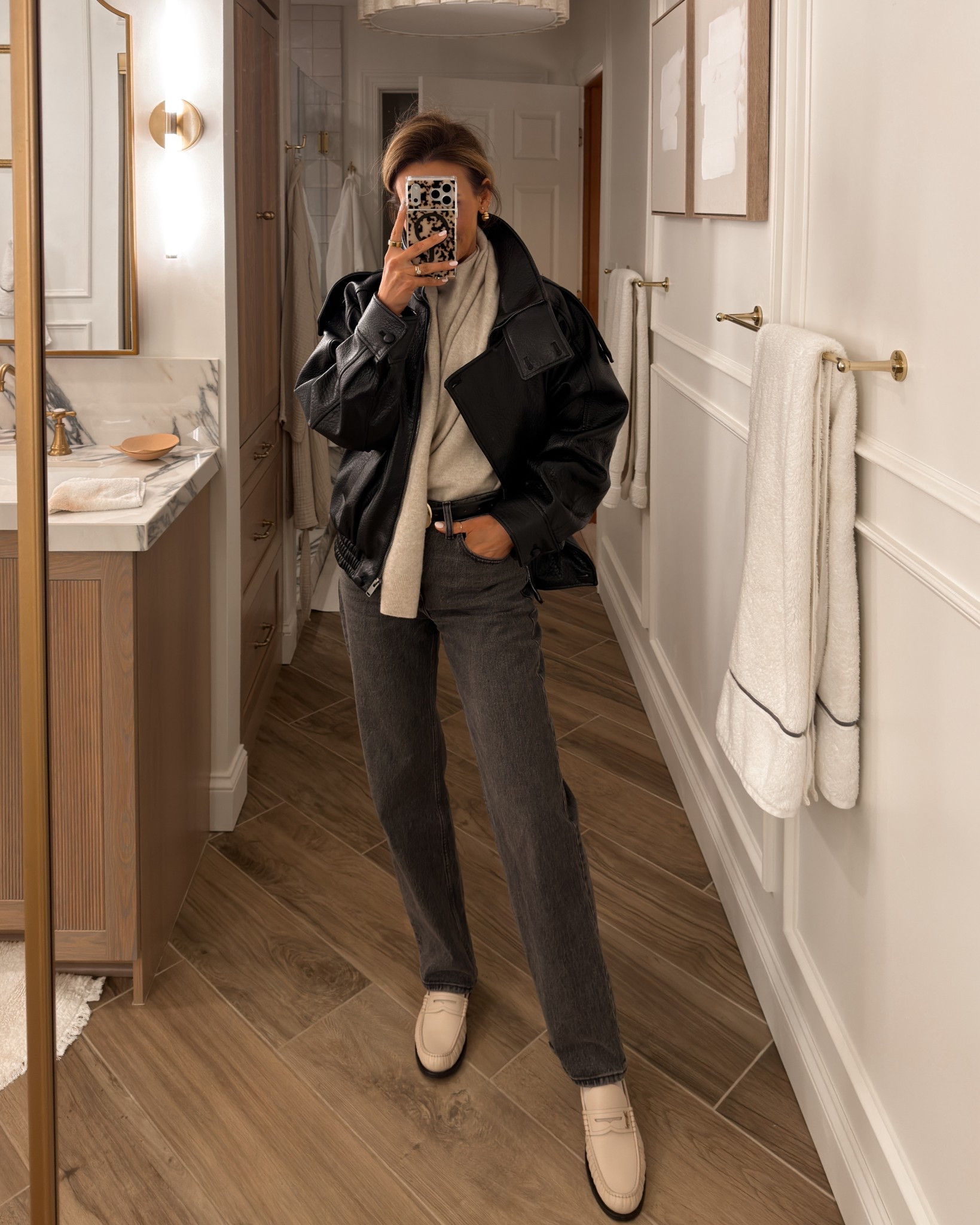 Found the cutest jeans similar to these oldies and ON SALE! Same brand 
My sweater is size small, scarf draped attached, perfect forme this cold 
Jacket xs - fits oversized 

#LTKootd #LTKSaleAlert #LTKgrwm