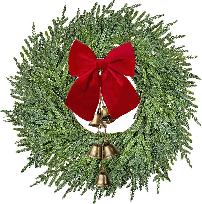 22 inch Norfolk Pine Wreath with Bow and Bell,Christmas Wreaths for Front Door,Artificial Real To... | Amazon (US)