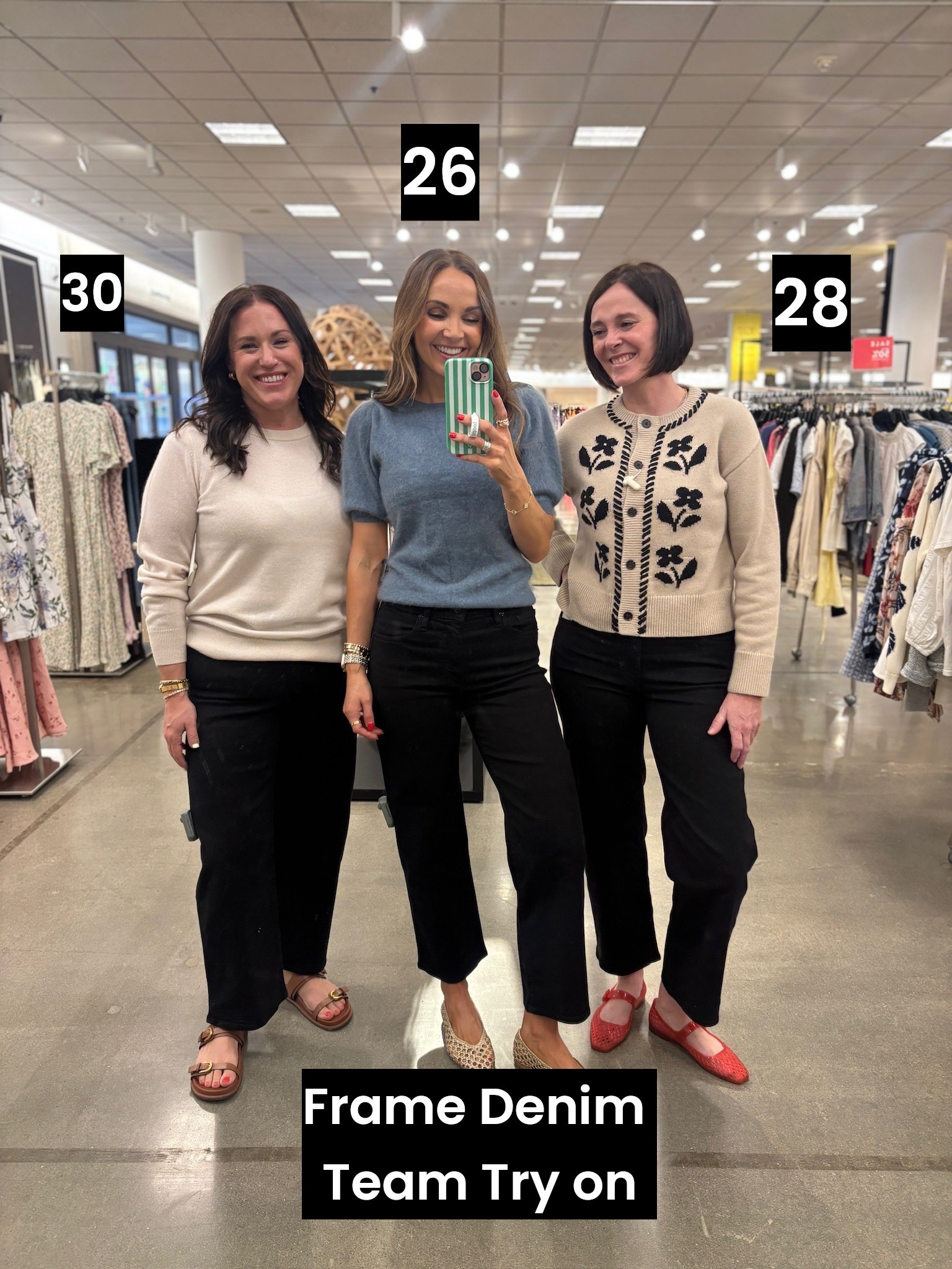Frame denim 3 body types
Mary (5’7) sized up to a 28 but could have done a 27.
They fit more full length on Lauren (5’3)

#LTKSaleAlert