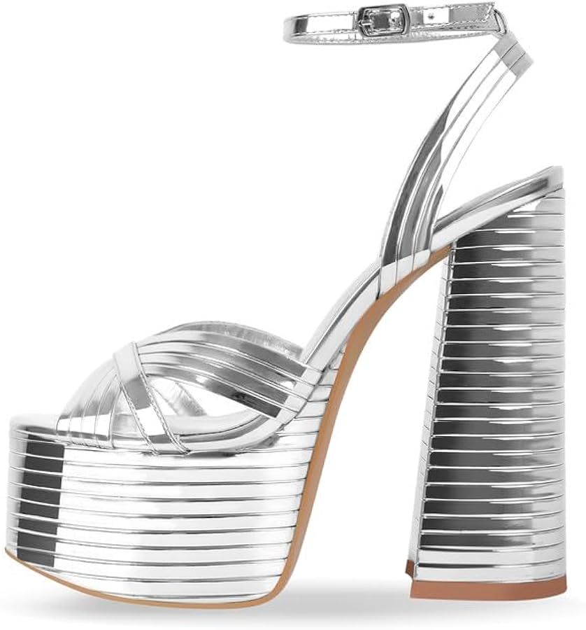 Women's Platform Chunky Heel Sandals Peep Toe Ankle Strap Buckle Platform Metallic Wedding Bridal... | Amazon (US)