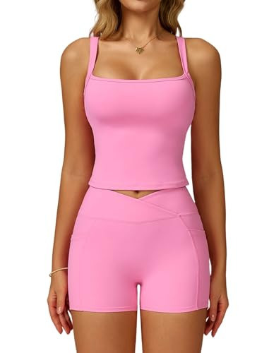 Two Piece Workout Sets For Women Straps Cross Back Tank Top Matching High Waist Booty Lifting Biker Shorts 2 Piece Gym Yoga Active Wear Outfits Womens Athletic Work Out Set Color Block Pink L | Amazon (US)