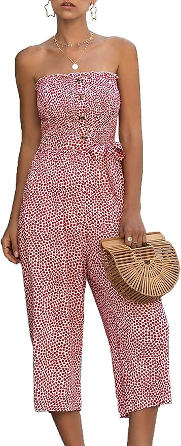 Angashion Women’s Jumpsuit-Casual Off Shoulder Sleeveless Ruffle Button Belt Wide Leg Jumpsuits... | Amazon (US)