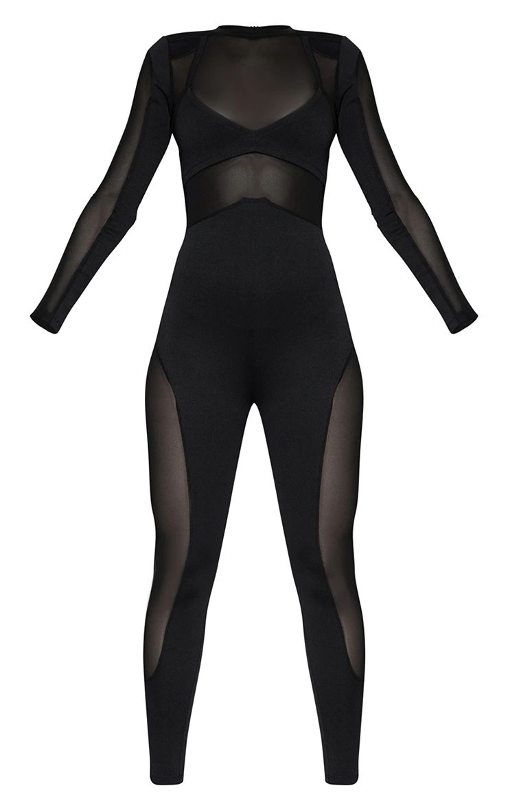 Black Long Sleeve Mesh Panelled Jumpsuit | PrettyLittleThing US