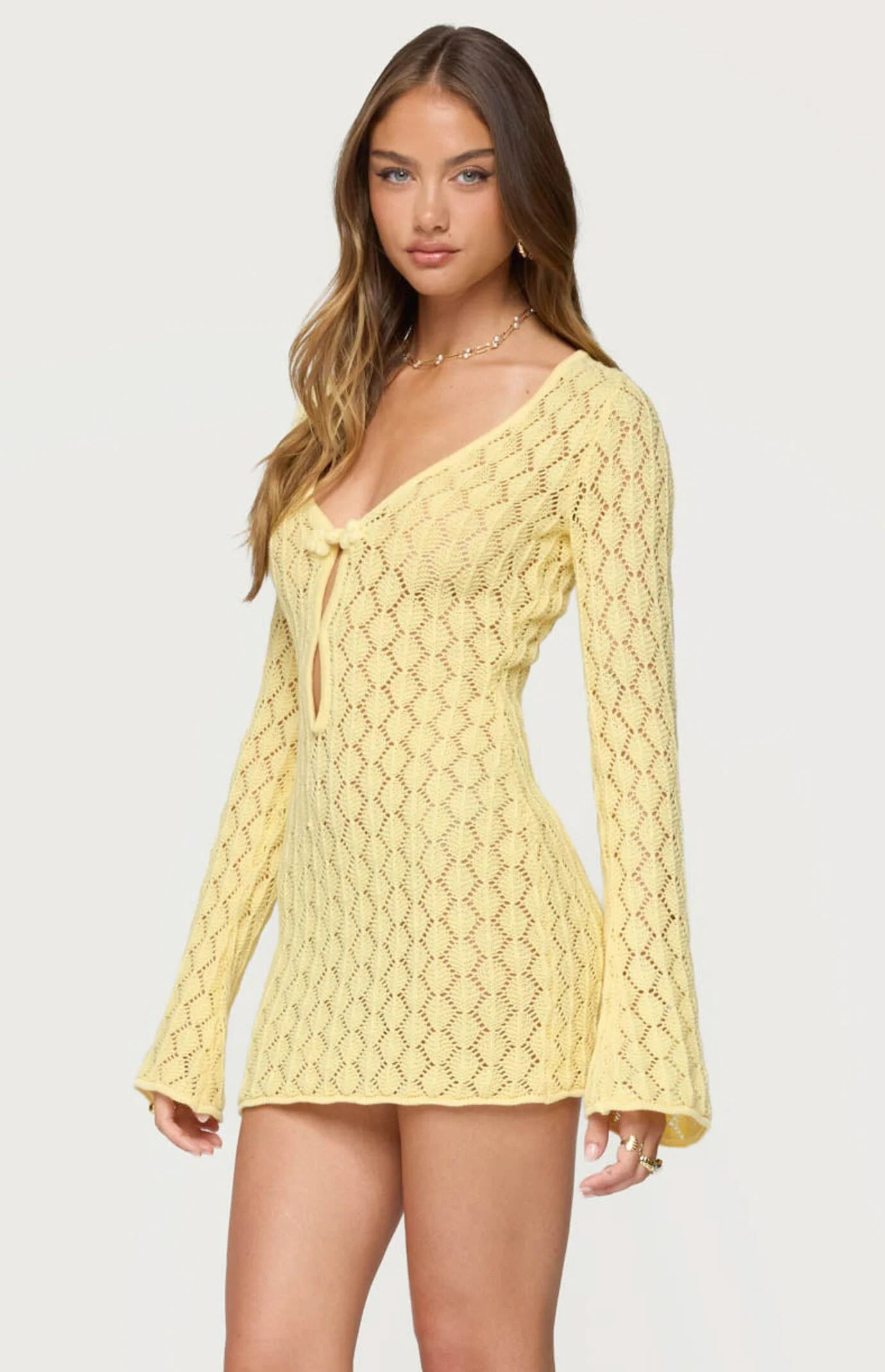 Edikted Women's Brie Cut Out Crochet Mini Dress in Yellow - Size Large | PacSun