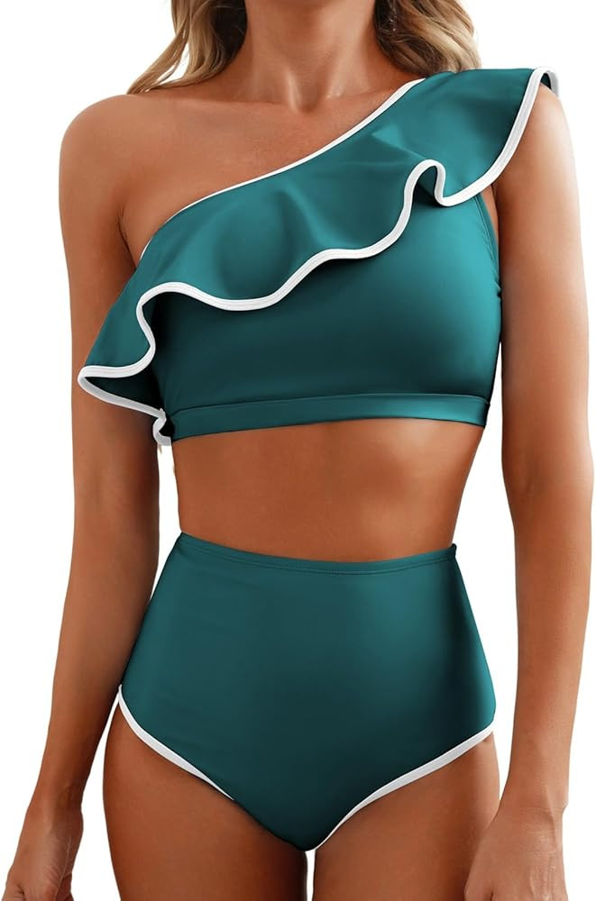 Herseas Women's One Shoulder Bikini Sets Color Block Trim Ruffle Hem Swimsuits Elegant Bathing Su... | Amazon (US)