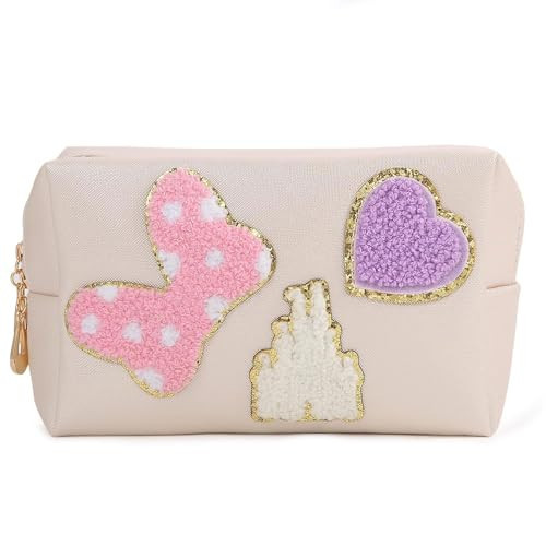 Dripykiaa Preppy Patch Small Toiletry Bag Cartoon Leather Makeup Bag with Double Zipper Gift for Women and Teenage Girls for Disney World Essentials | Amazon (US)
