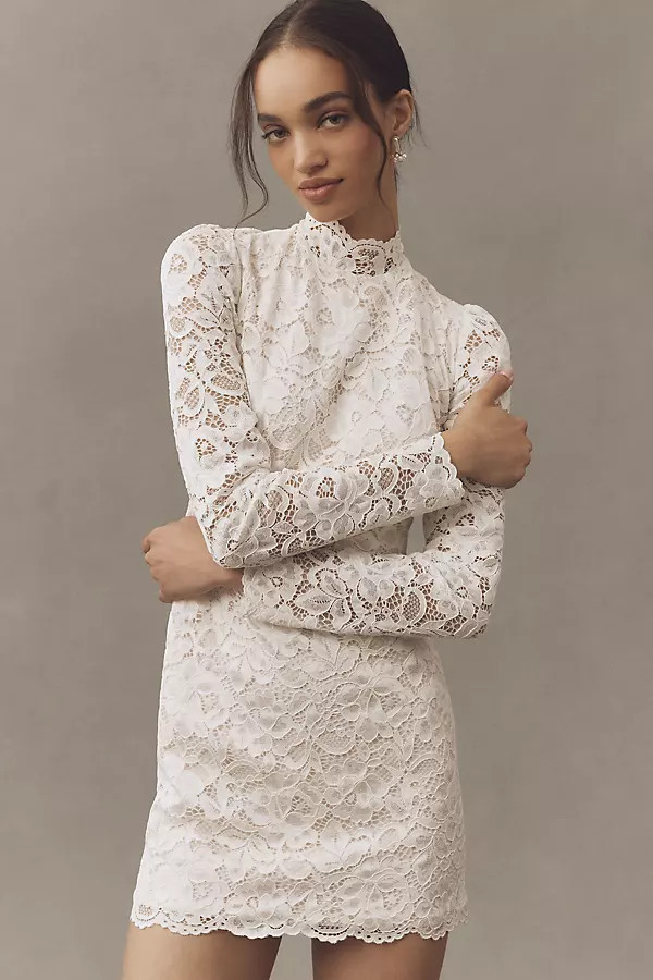 Long-Sleeve Mock-Neck Lace Stretch Satin Mini Dress | Anthropologie (US)