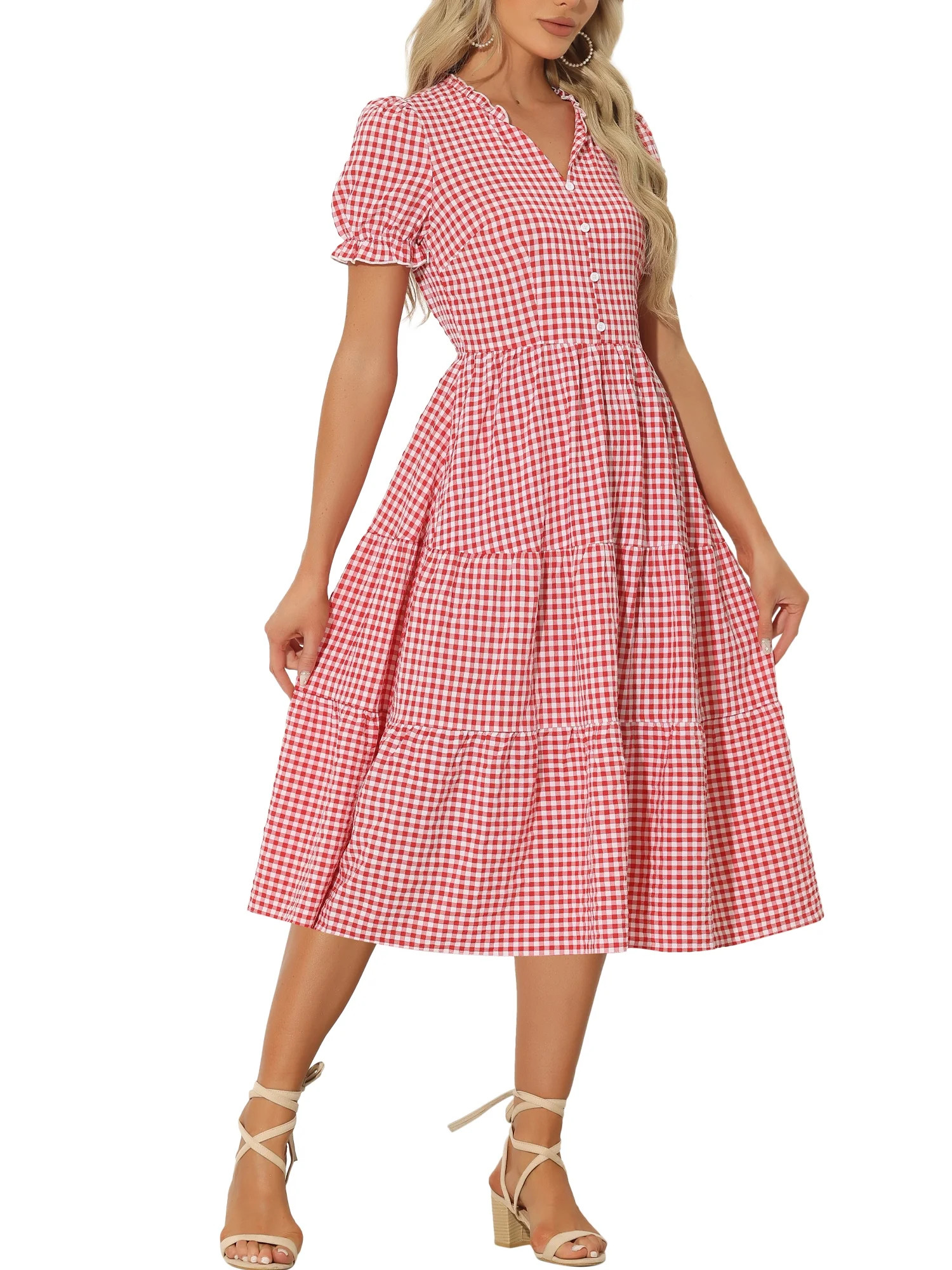 INSPIRE CHIC Women's Gingham Dress Summer Ruffle Trim V Neck Button Decor Flowy Midi Dresses M Re... | Walmart (US)