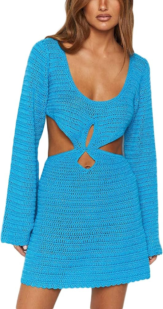ROAONOCOMO Women Crochet Knit Bodycon Mini Dresses Hollow Out Open Back Short Dresses Y2K Cover U... | Amazon (US)