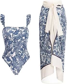 XXTAXN Women's Summer V Neck Sleeveless Swimsuit Bodysuit Tops Beach Skirt 2 Piece Swimsuit Outfi... | Amazon (US)