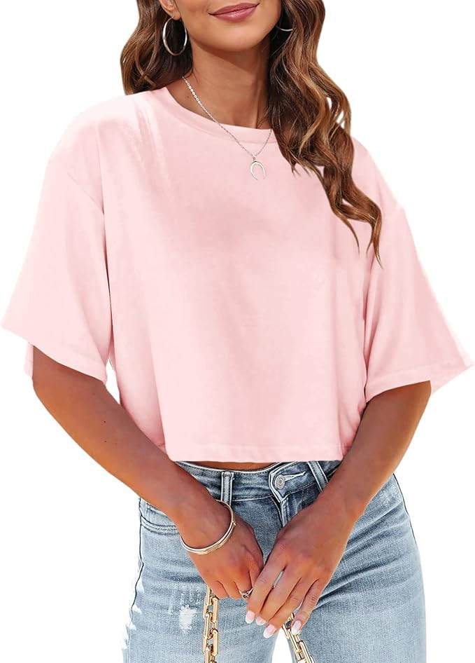 Tankaneo Women Half Sleeve Cropped T-Shirts Drop Shoulder Round Neck Crop Tops Casual Summer Soli... | Amazon (US)