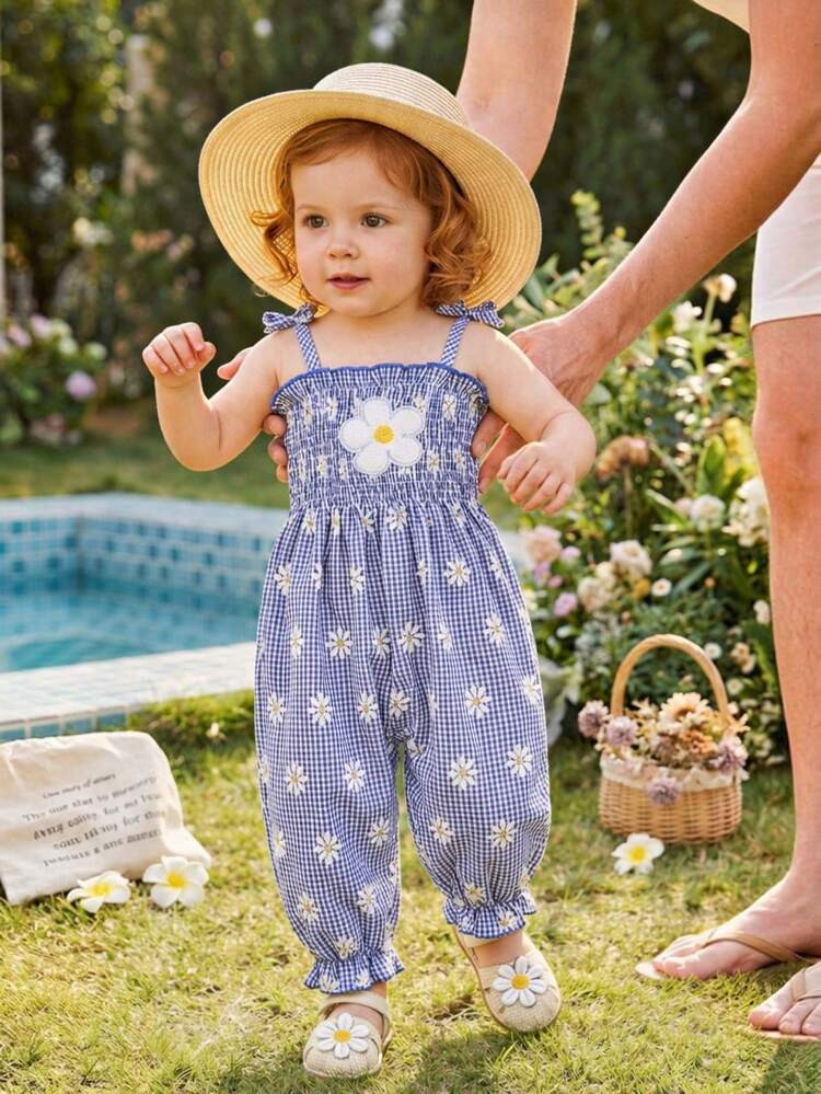 SHEIN Vintaside Kids Baby Girl Summer Romper, Cute Daisy & Blue White Plaid Design, Casual Comfor... | SHEIN