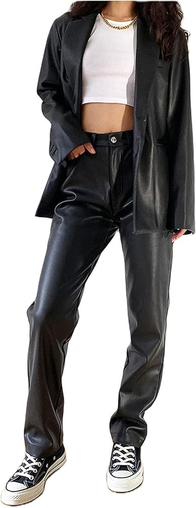 Women Faux Leather Pants High Waist Wide Leg Vintage Pu Trousers Y2k Sexy Baggy Straight Leather Pants Streetwear | Amazon (US)