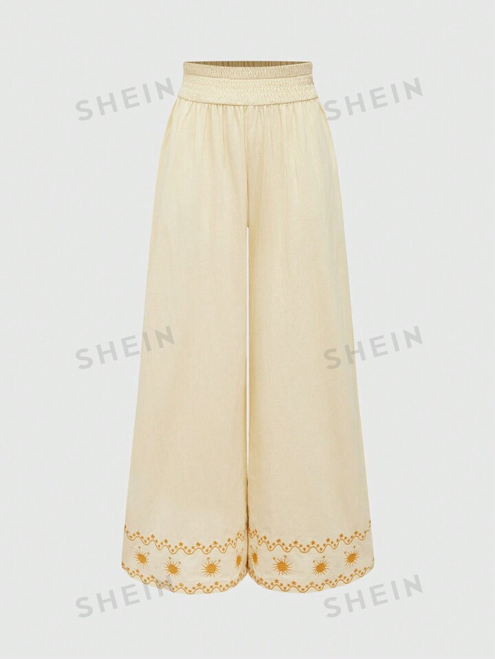 ROMWE Hippie Damen Böhmische Elastische Taille Weites Bein Lose Einfarbige Freizeithose Für Den... | SHEIN