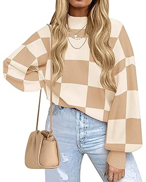 ZESICA Women's 2023 Fall Fashion Turtleneck Long Sleeve Striped Ribbed Knit Loose Pullover Sweate... | Amazon (US)