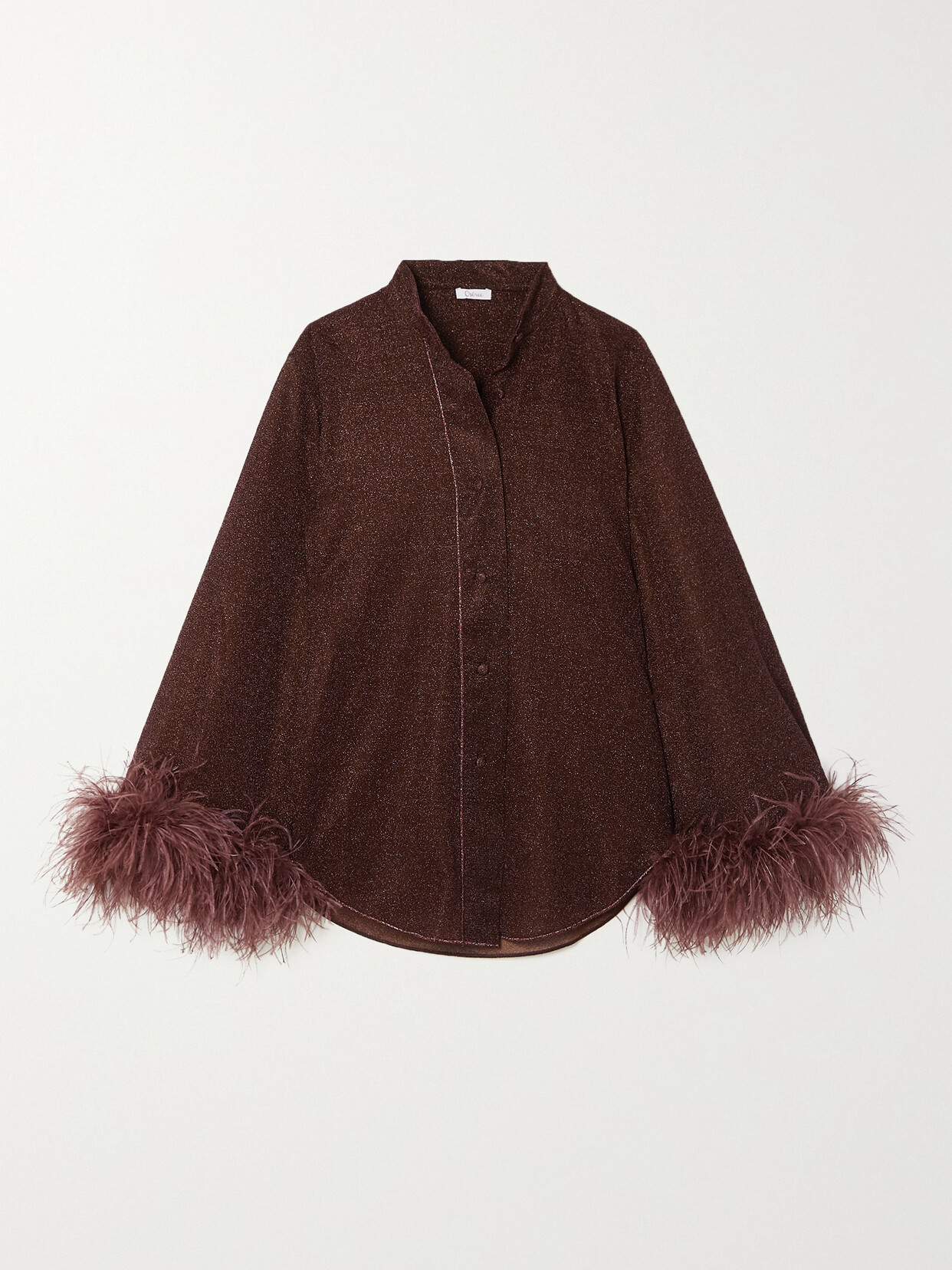 Oséree - Lumière Feather-trimmed Metallic Stretch-knit Shirt - Brown | NET-A-PORTER (US)